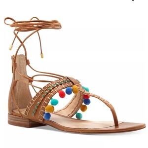 Vince Camuto Balisa Pom Pom Lace-Up Sandals Zip Gladiator Sz 9 Flats shoes